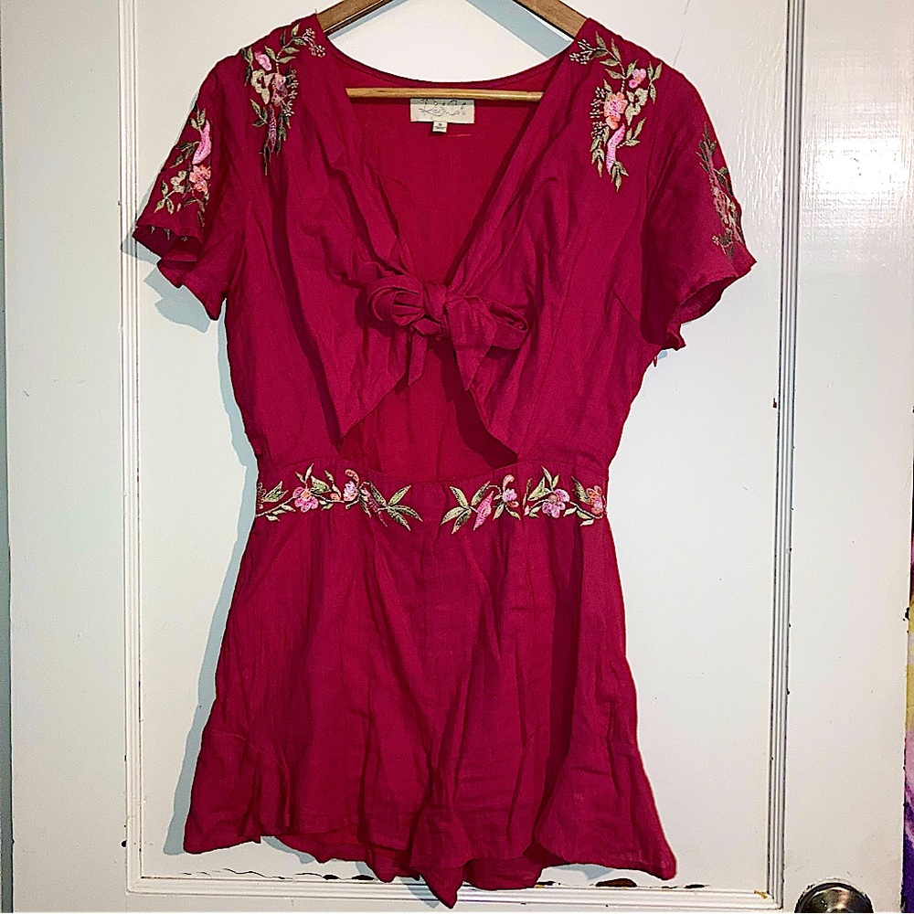 Rahi Cali 100% Cotton Embroidered Tie-Front Hot Pink Romper Small
